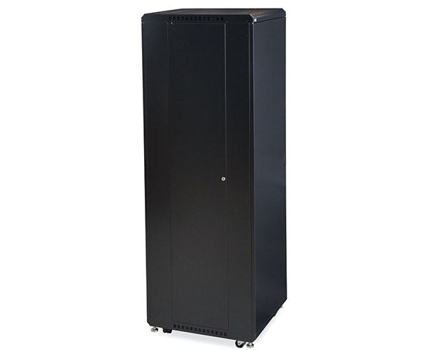 Side view of the 42U LINIER server cabinet with solid door and caster wheels