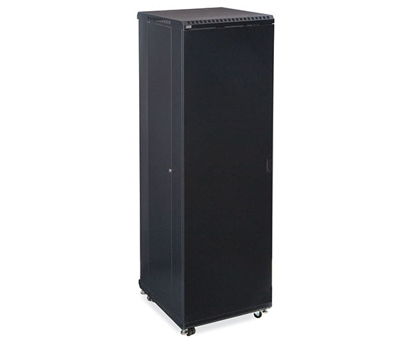Angled view of the 42U LINIER server cabinet highlighting its height and mobility features