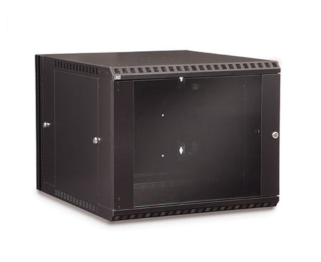 The 9U LINIER® cabinet mounted on a wall featuring a clear glass door for visibility
