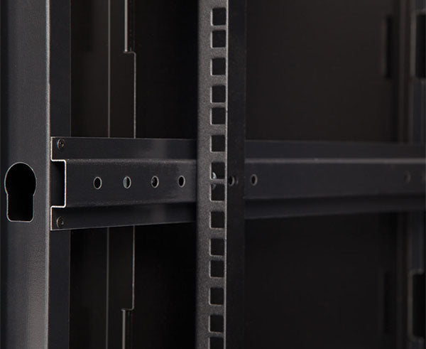 Detailed image of the rack rail inside the 9U LINIER® cabinet