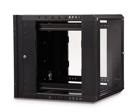 Open glass door of the 12U LINIER® swing-out wall mount cabinet showing interior