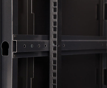 Close-up of the rack mount rails inside the 12U LINIER® swing-out wall mount cabinet