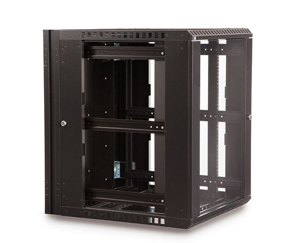 Interior rack view of the 15U LINIER Cabinet with two shelves installed