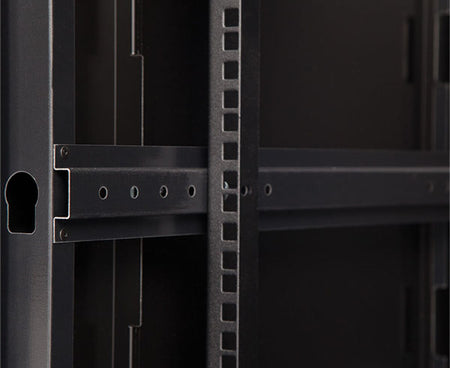 Close-up of the rack rail on the 15U LINIER Swing-Out Wall Mount Cabinet