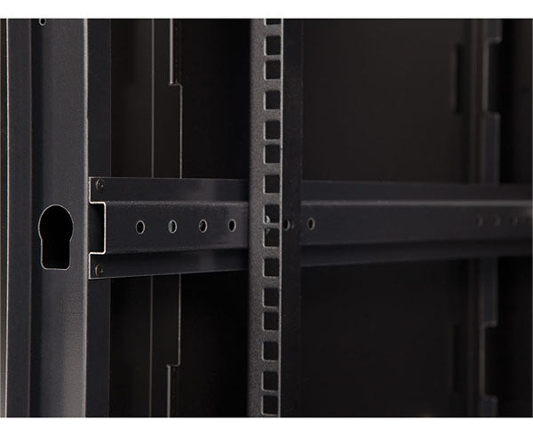 Detail of the rack mounting rails inside the 6U LINIER swing-out wall mount cabinet