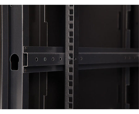 Detail of the rack mounting rails inside the 6U LINIER swing-out wall mount cabinet