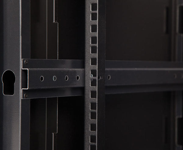 Close-up of the rack rails inside the 9U LINIER Swing-Out Wall Mount Cabinet