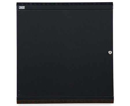 Frontal perspective of the 12U LINIER Swing-Out Wall Mount Cabinet with closed door