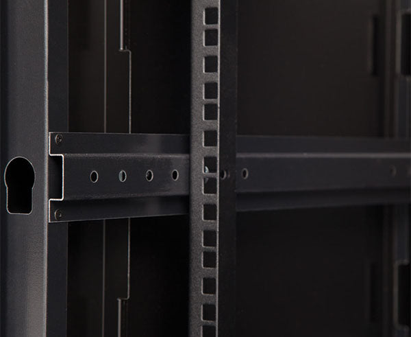 Close-up of the rack's rail inside the 12U LINIER Swing-Out Wall Mount Cabinet