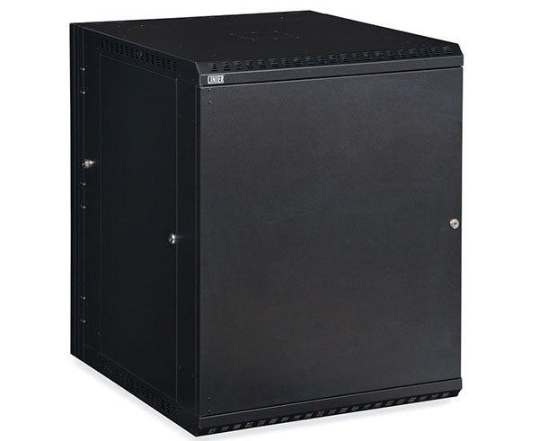 Closed 15U LINIER® Swing-Out Wall Mount Cabinet with solid door revealing interior structure
