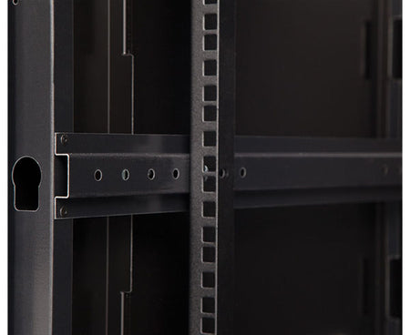 Detailed view of the 18U LINIER® Swing-Out Wall Mount Cabinet's rack with equipment rail