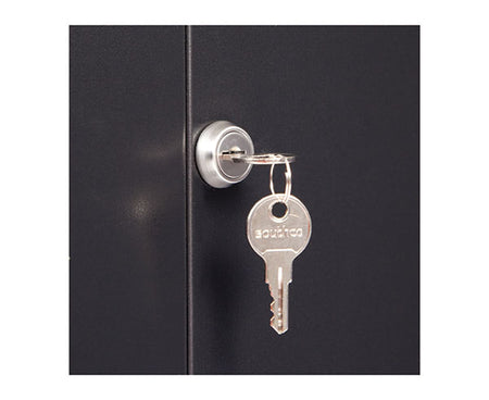 Key hanging from the lock of the 18U LINIER® Swing-Out Wall Mount Cabinet with a solid door