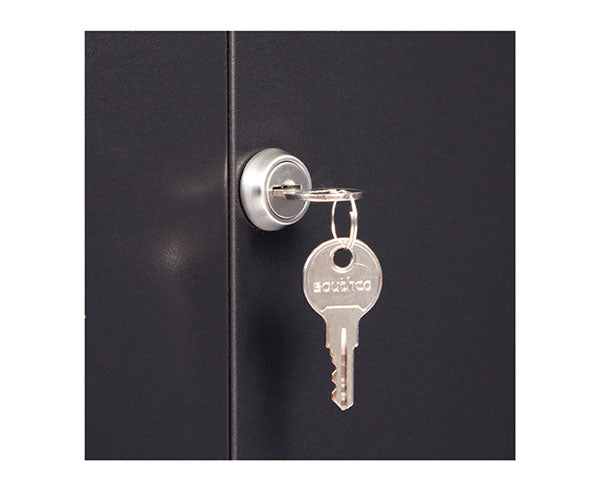 Key hanging from the lock of the 18U LINIER® Swing-Out Wall Mount Cabinet with a solid door