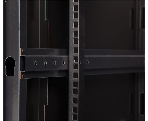 Detailed view of the equipment rail on the rear of a LINIER cabinet