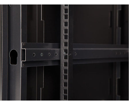 Close-up of the equipment rail features on the LINIER wall mount rack