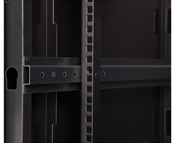 Zoomed-in view of the rack mounting holes inside the 9U LINIER® cabinet