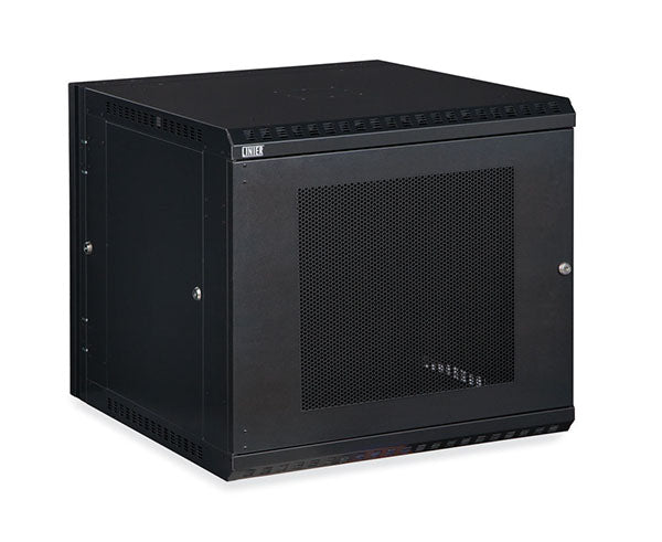 Front view of the 12U LINIER swing-out wall mount cabinet with vented door and lock