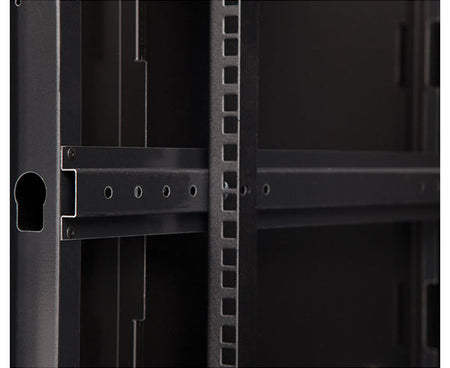 Close-up of the equipment rail of the 12U LINIER swing-out wall mount cabinet