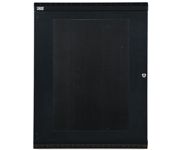 Front view of the 15U LINIER® swing-out wall mount cabinet with vented door closed
