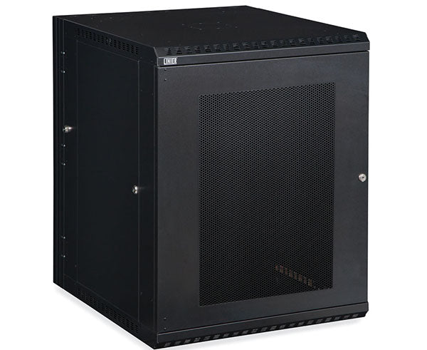 Wall-mounted 15U LINIER® swing-out cabinet with vented door for equipment storage