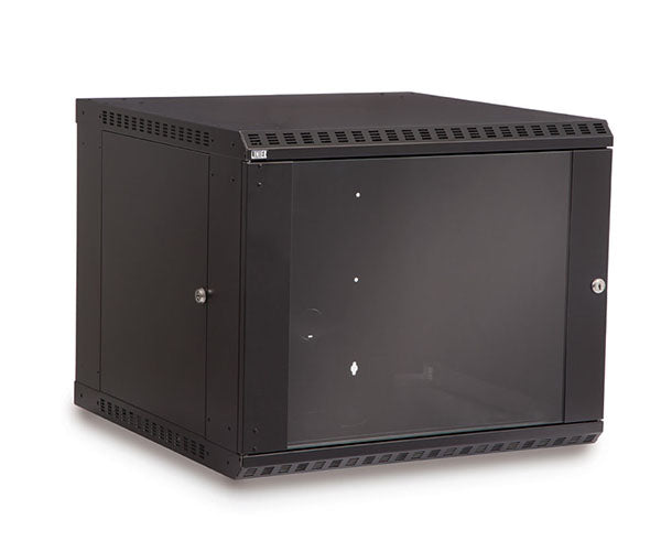 Front view of the 9U LINIER Fixed Wall Mount Cabinet with a transparent glass door