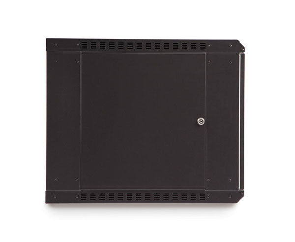 Side angle of the black 9U LINIER Fixed Wall Mount Cabinet showcasing the door hinge