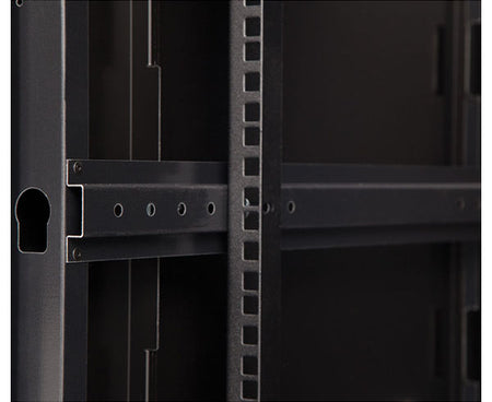 Close-up of the mounting rail points on the rear of the 12U LINIER cabinet