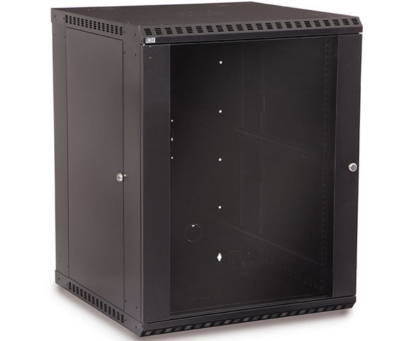 Angled view of the 15U LINIER Fixed Wall Mount Cabinet with glass door closed