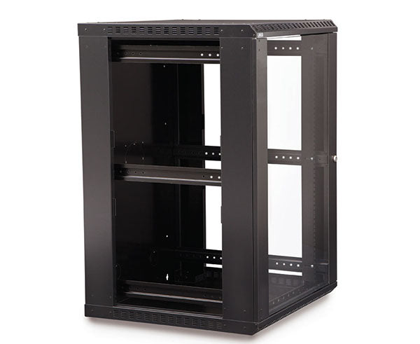 Open 18U LINIER Fixed Wall Mount Cabinet showing interior shelves