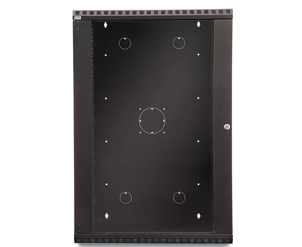 Front view of the 18U LINIER Fixed Wall Mount Cabinet with closed glass door