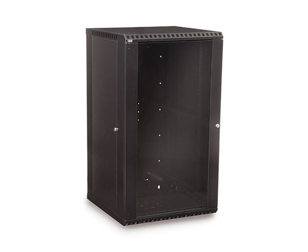 22U LINIER Fixed Wall Mount Cabinet with glass door partially open to show interior