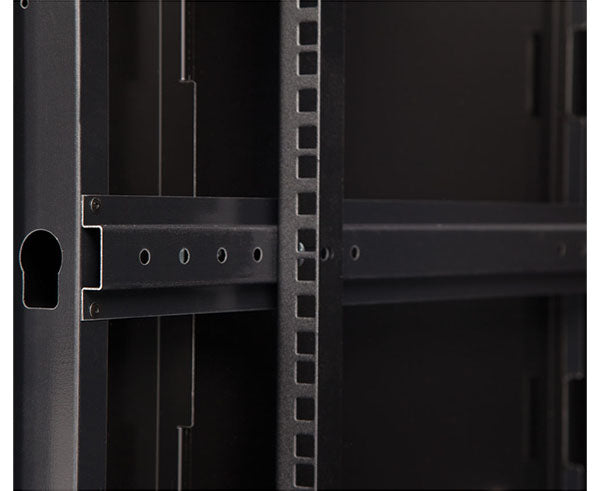 Close-up of the mounting rail on the rear panel of the 6U LINIER Cabinet