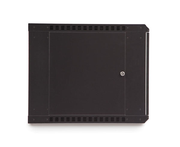 9U LINIER® fixed cabinet with solid door closed, showcasing lock mechanism