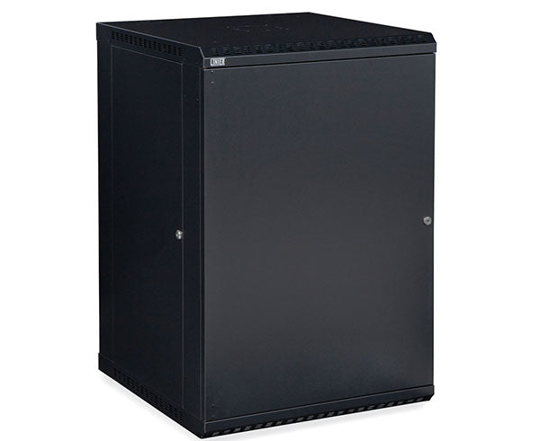 The 18U LINIER Fixed Wall Mount Cabinet with its solid door closed