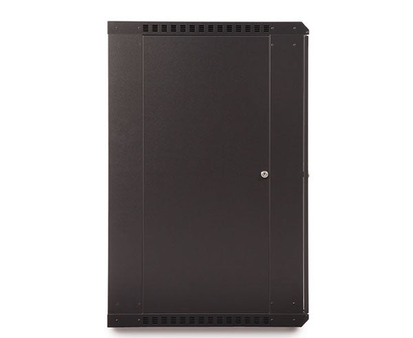Side angle of the 18U LINIER Fixed Wall Mount Cabinet showcasing the solid door