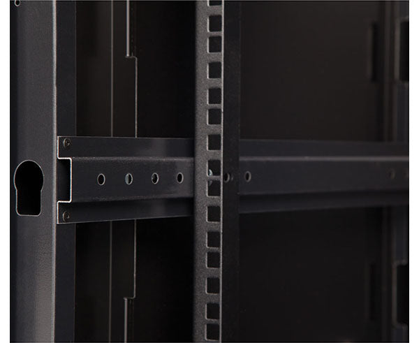 Close-up view of the 18U LINIER Fixed Wall Mount Cabinet's equipment rack