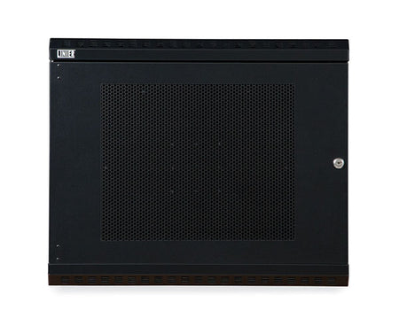 Wall-mounted 9U LINIER Cabinet with metal door in a closed position