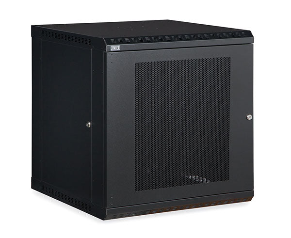 12U LINIER Fixed Wall Mount Server Cabinet with vented metal door from a side angle