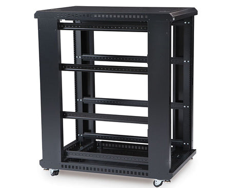 Angled view of the 22U LINIER server cabinet with four adjustable rails and casters