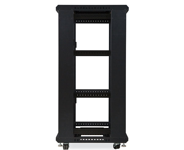 27U LINIER server cabinet with two open shelves and caster wheels