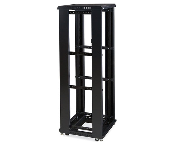 Mobile 42U LINIER server rack with four-tier shelving