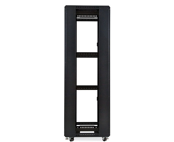 Open 42U LINIER server cabinet on wheels with multiple shelving units