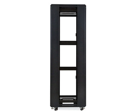 Open 42U LINIER server cabinet on wheels with multiple shelving units