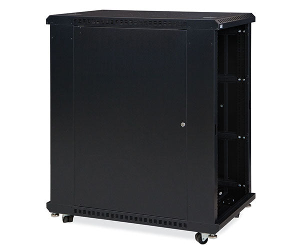 Front view of the 22U LINIER server cabinet featuring wheels and an open frame design