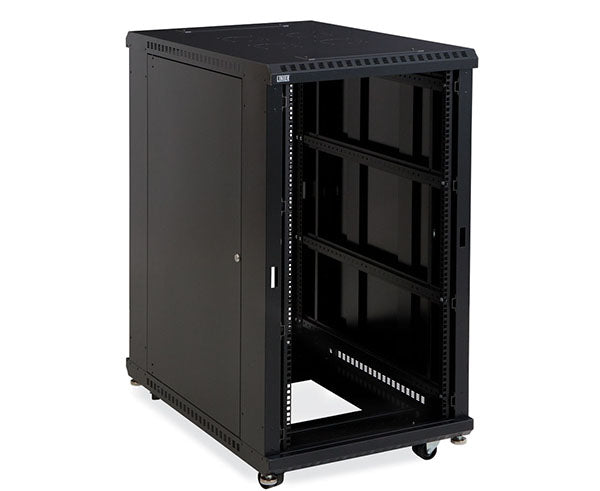 Interior view of the 22U LINIER server cabinet with wheels, highlighting the adjustable mounting rails