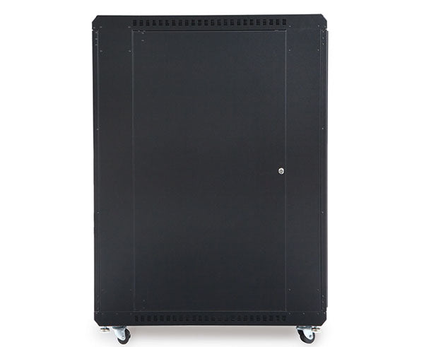 Side view of the 22U LINIER server cabinet without doors, showcasing the wheels for mobility