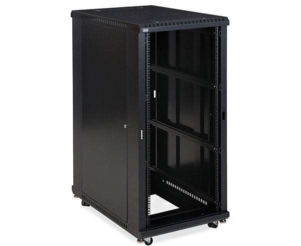 27U LINIER server cabinet without doors featuring wheels and a 36-inch depth