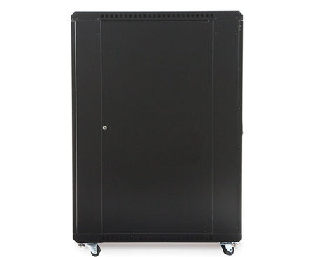 Wheeled 27U LINIER server cabinet in black against a white backdrop