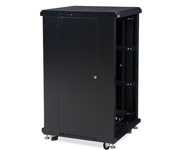 22U LINIER server rack, front angle view with wheels and open shelving