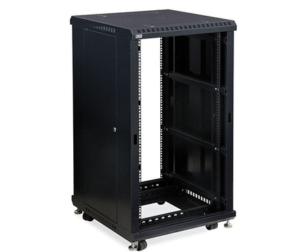 22U LINIER server rack, front angle view with wheels